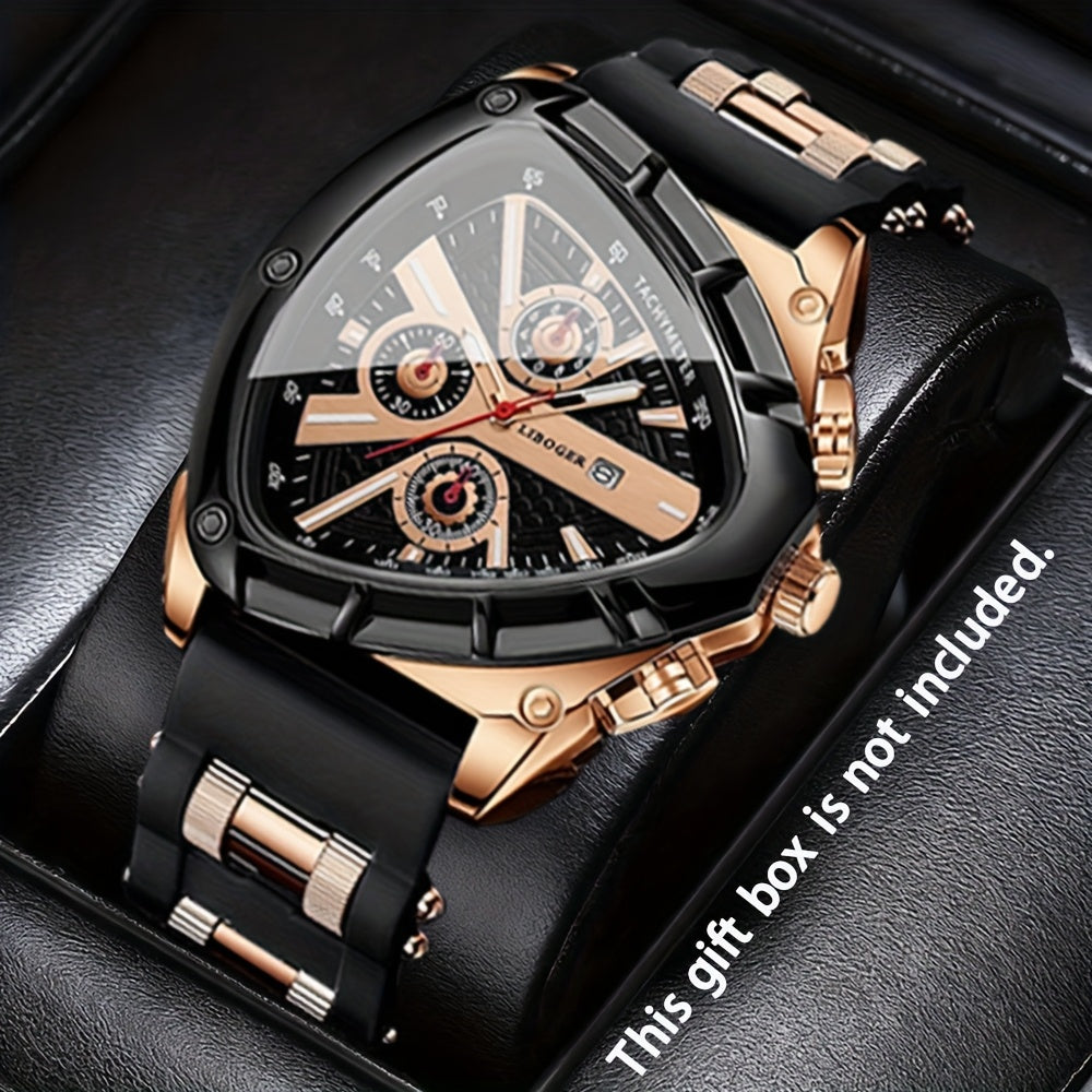 [Valentine's Father's Day Gift] 2pcs/set Luxury Sports Mens Watches For Men With Triangle Dial & Silicone Strap, Chronograph-like, Retro Square Dial & Faux Leather Starp Men Watches, Date Display, Dress Watch For Casual, Valentine's Father's Day Gift, Rel