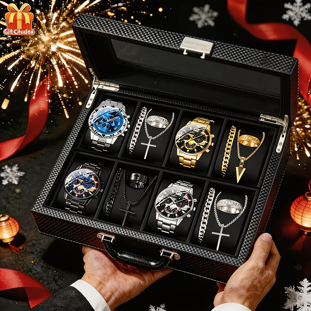 16pcs/ Set, Watches for Men, 4pcs Fashion Mens Watches Multi Color Combination Quartz Men Watches Sets Analog Wrist Watch Sets & 12pcs Mens Fashion Bracelet+Necklace+Ring Jewelry Set - Christmas, Halloween Gift, Reloj Para Hombre