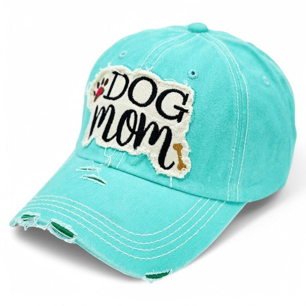 "Dog Mom" Paw and Bone Vintage Distressed Embroidered Baseball Cap For Women - 100% Cotton, Breathable, Casual, Adjustable, UV Protection