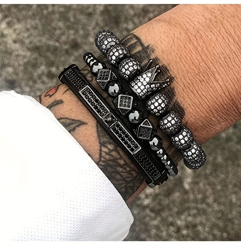Crown Stone Prism Bead Woven Bracelet Set for Men