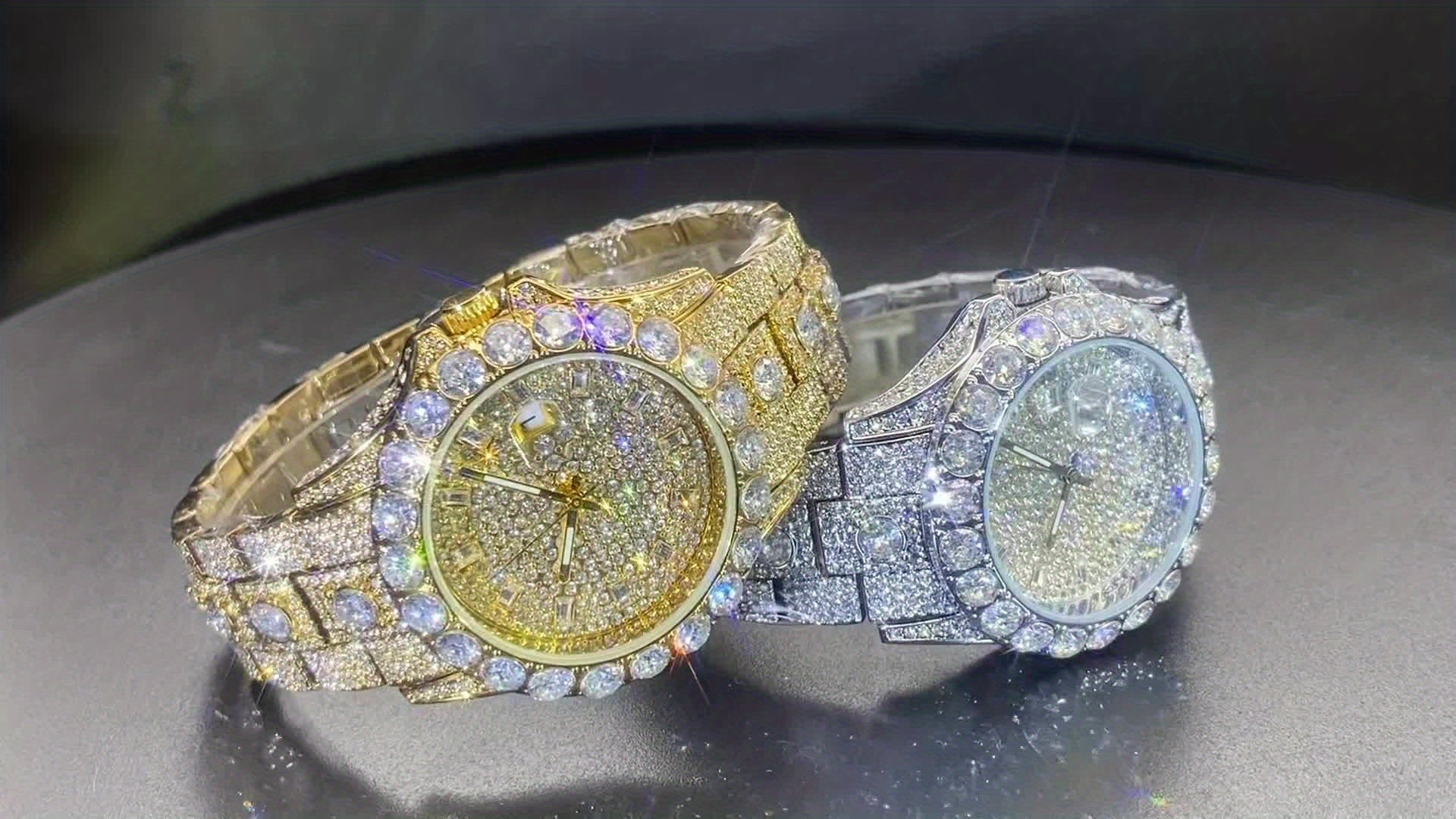 Men'S Classic Business Synthetic Rhinestone Couple Quartz Watch Calendar Luxury Classic Watch Ice Cold Hip Hop Fashion Brand Watch