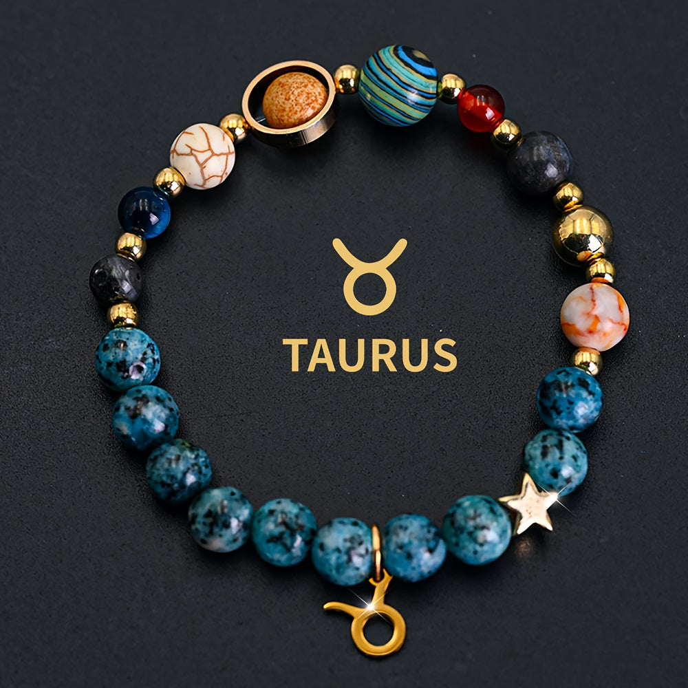 [Cosmic Galaxy Bracelet] 1pc Cosmic Galaxy Imperial Green Natural Stone Eight Planets Ladies 12 Constellation Bracelet Zodiac Pendant Libra Virgo Sagittarius Jewelry Valentine's Day Couple Gift