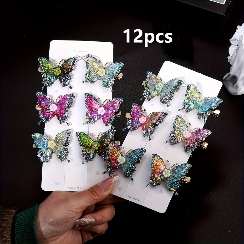12pcs/set New Luxury Shiny Sequin Double-layer Butterfly Clip, Women'S Fashionable Double-layer Acrylic Butterfly Hair Clip, Suitable For Daily And Holiday Party Wear, Women'S Y2k Headwear Hair Accessories