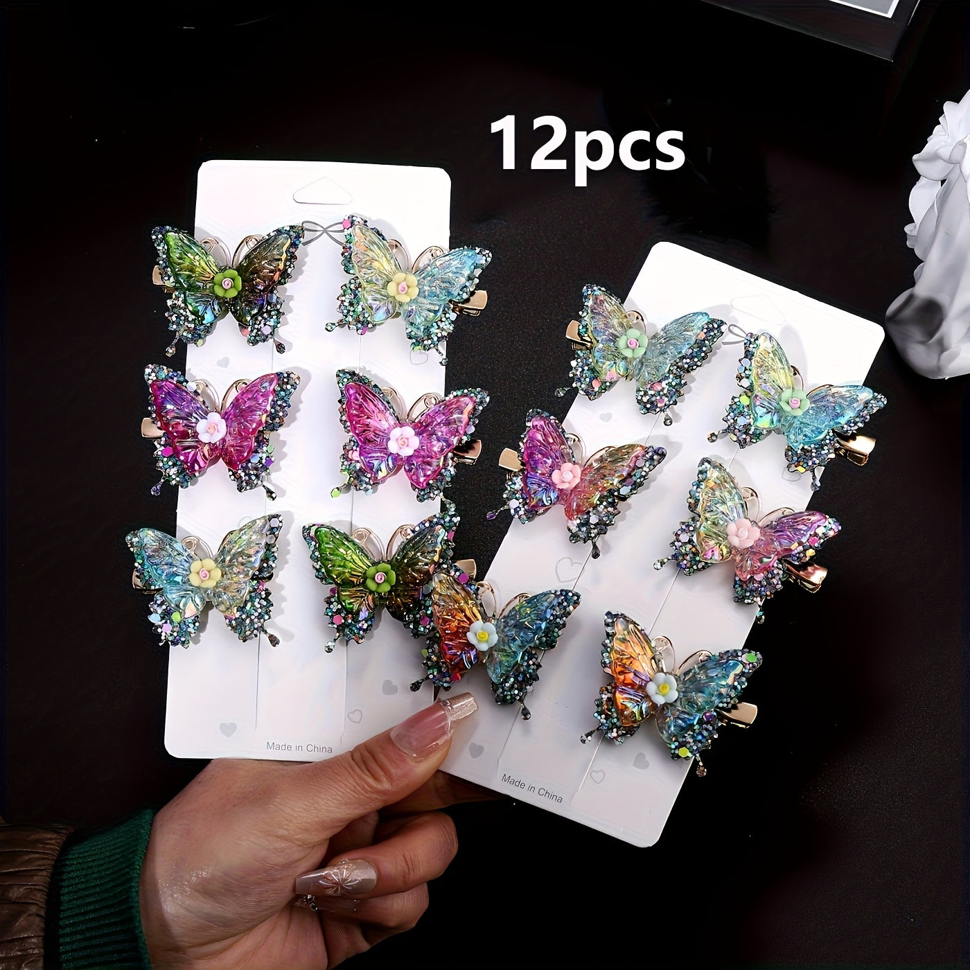 12pcs/set New Luxury Shiny Sequin Double-layer Butterfly Clip, Women'S Fashionable Double-layer Acrylic Butterfly Hair Clip, Suitable For Daily And Holiday Party Wear, Women'S Y2k Headwear Hair Accessories