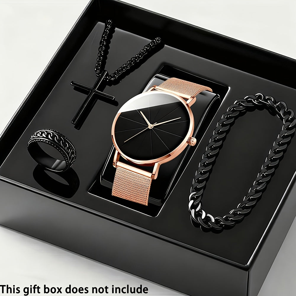 4pcs/Set Men'S Elegant Quartz Watch And Bracelet Set – | Sports Watch | Casual Watch | Business Watch | Quartz Movement
