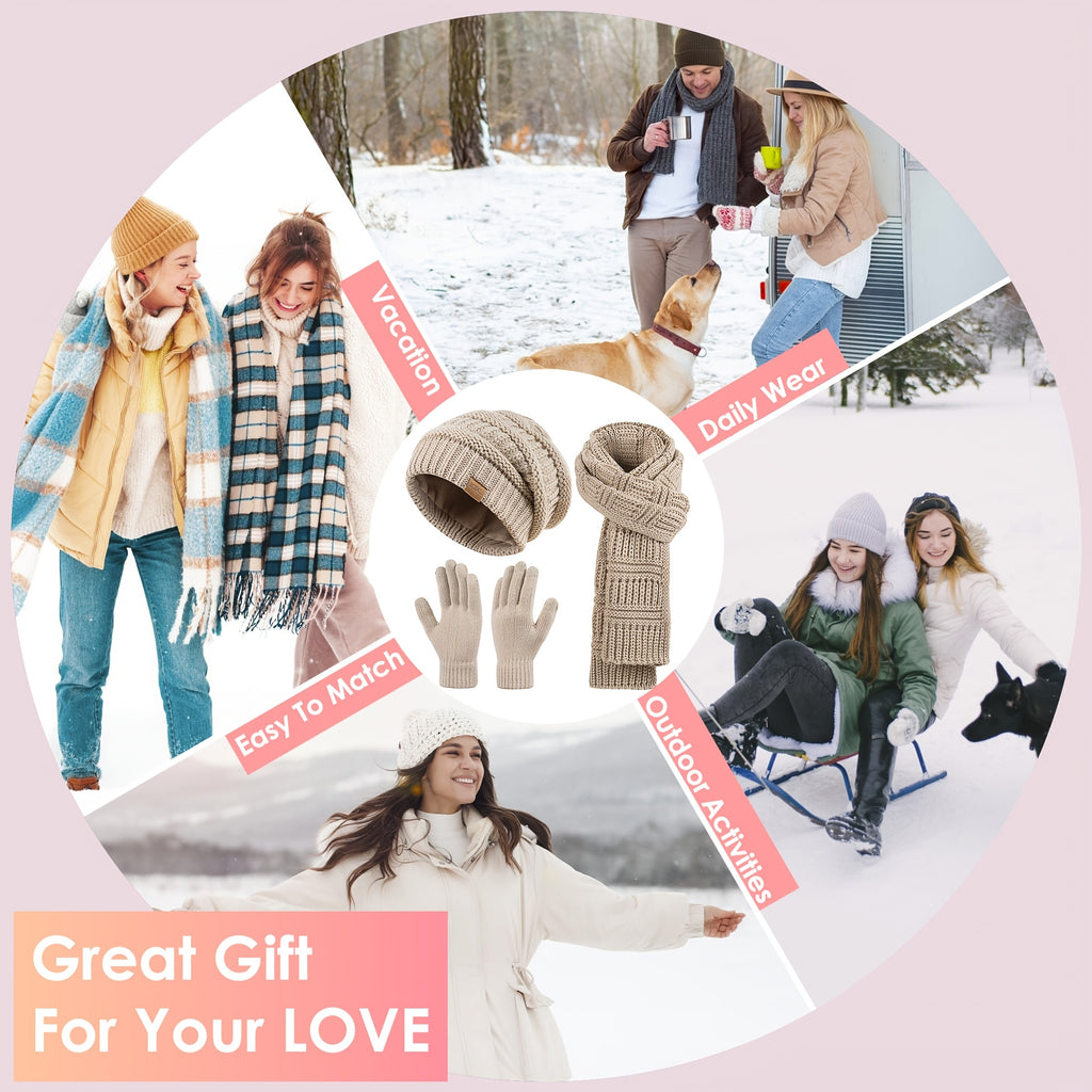 Women'S 3-in-1 Winter Set: Hat, Long Scarf & Touchscreen Gloves - Soft Warm Neck Warmer, Elastic Fit for Smartphones/Camera Use, Elegant Solid Color (/PinkRed/) - Christmas & Thanksgiving Gifts for Women, Durable & Versatile Cold Weather Accessories