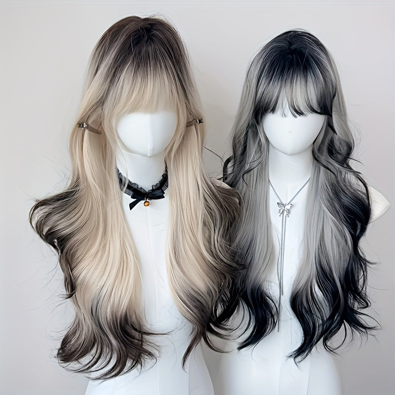 26-inch Women's Y2K Gradient Looking Wig with Bangs - Long Curly Waves ( to Ombre), Full Head Volume for Parties, Music Festivals & Daily Wear - European/American Style Hairpiece
