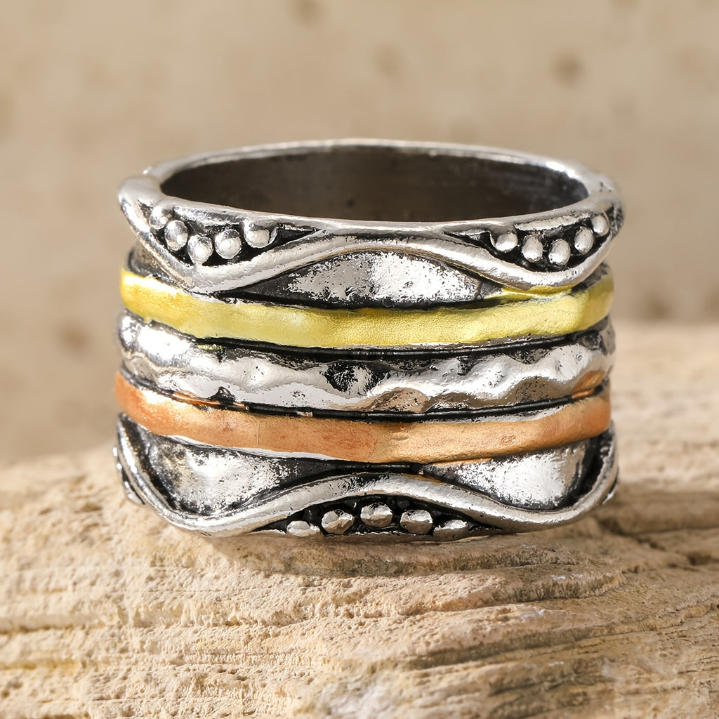 [Bohemian Women's Ring] Retro Bohemian Style Multi-Color Stainless Steel Layered Texture Women's Ring, a Fashionable Women's Ring for Daily Gatherings