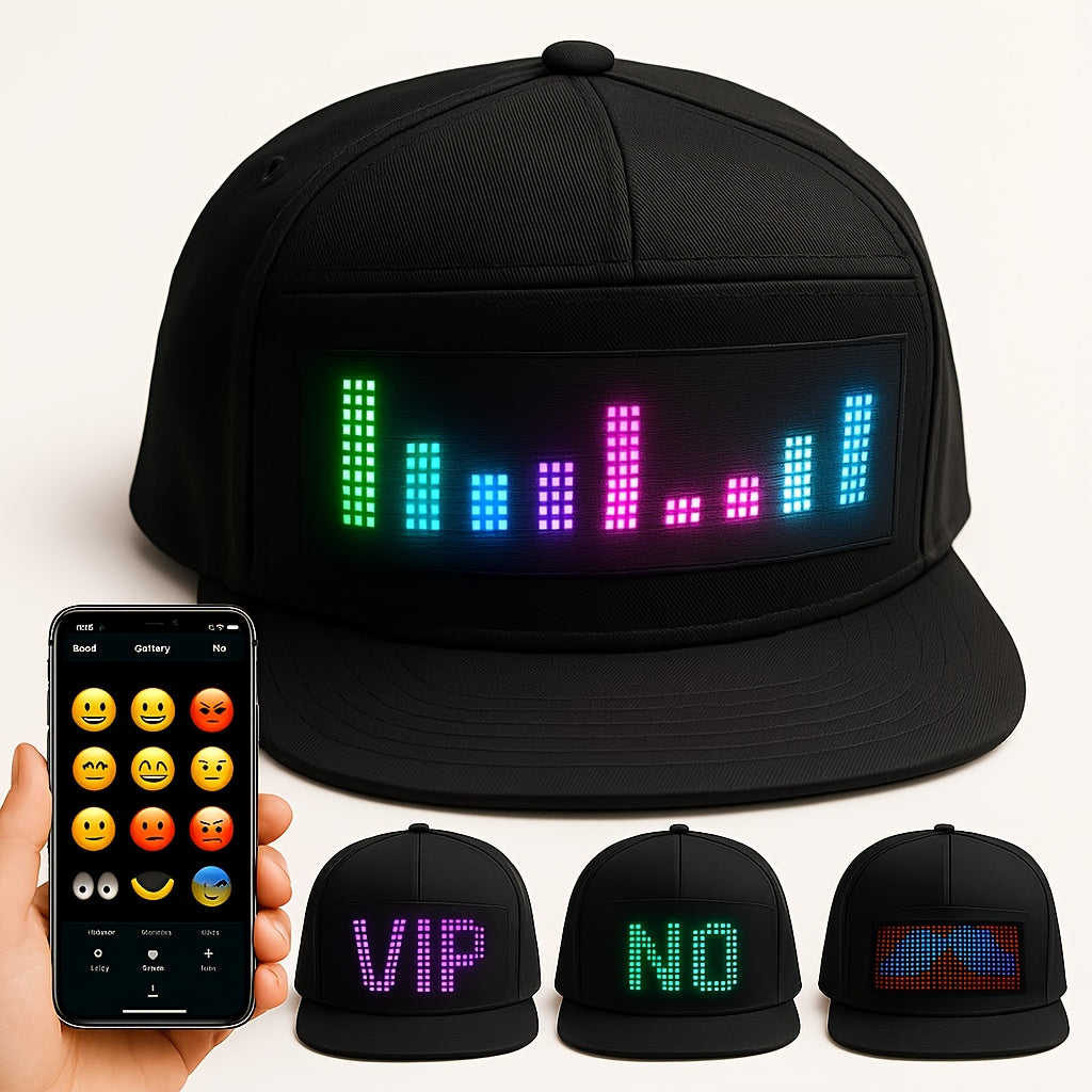 Programmable LED Hat for Men | Black, Scrollable Text & Animated Patterns, APP-Controlled, Adjustable, Woven Fabric, Ideal for Parties & Holidays