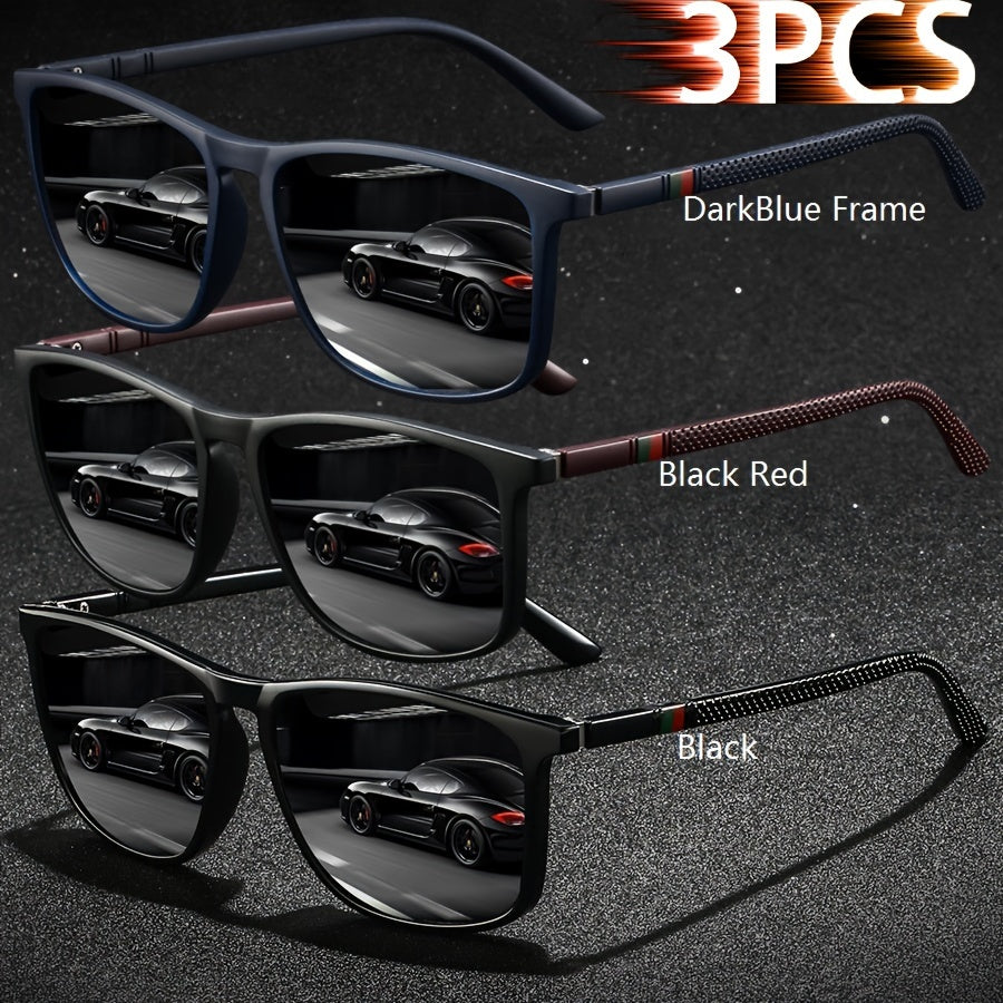3 Pairs of  Striped Square Fashionable Men's and Women's Fashion Glasses - Luxurious Designer Anti-glare Black, Deep  and Red Color Combination - Fashionable UV Protection, Suitable for Driving, Fishing, Traveling and Beach Outfits
