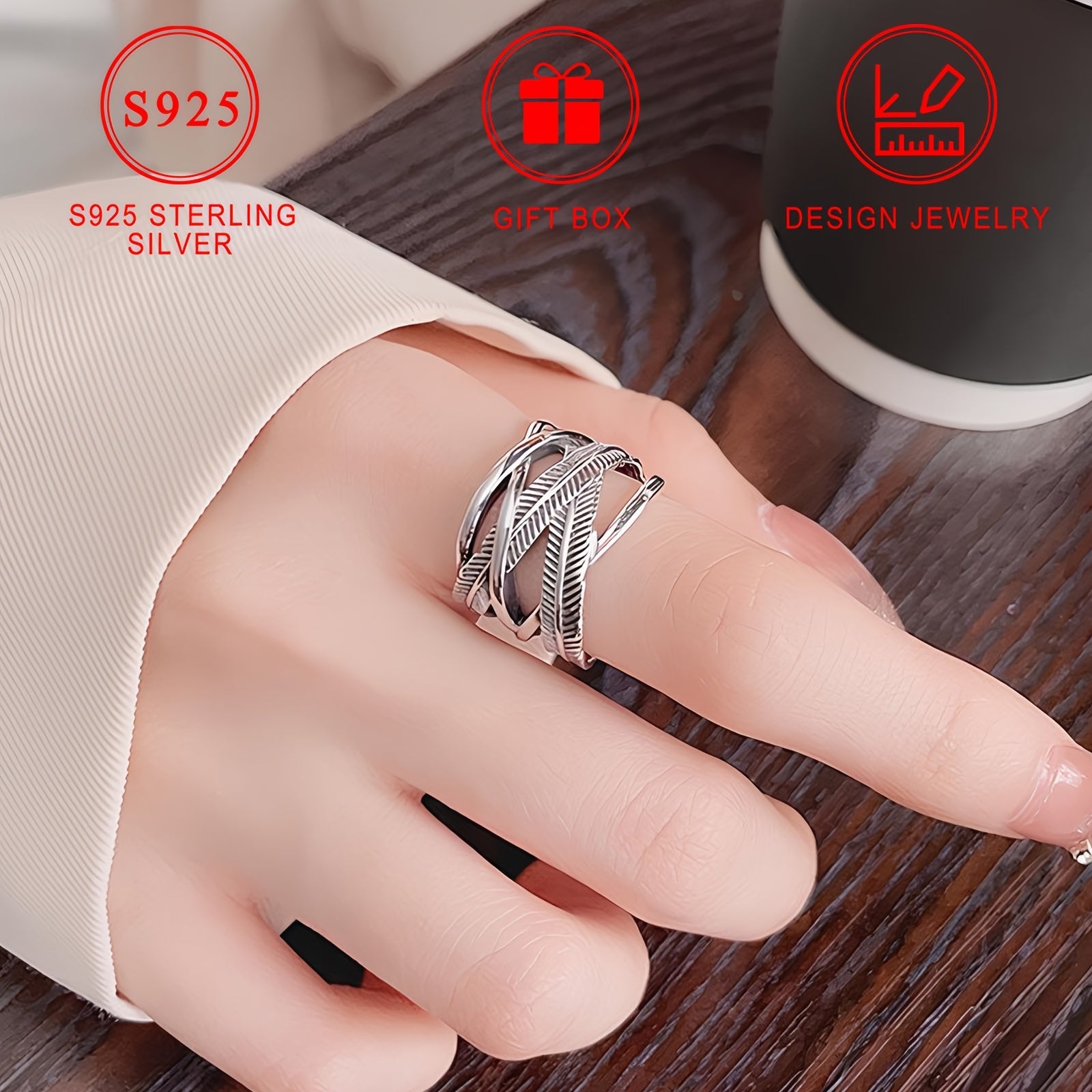 Vintage 925 Sterling Silver Feather Ring, Infinity Theme Cross Band Hip Hop Style, High-Quality Fashion Jewelry, Daily Wear & Gift-Giving