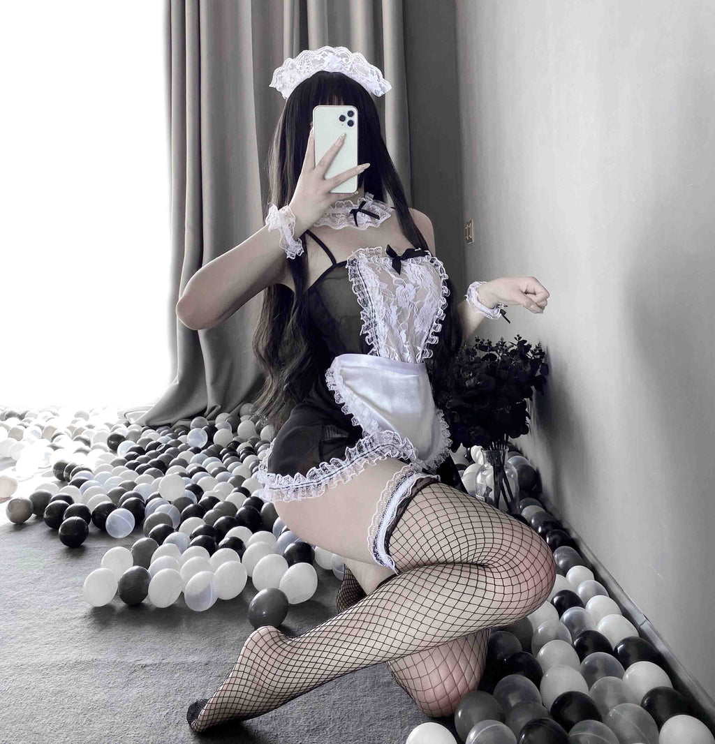T-1298 Rose lace see-through maid set