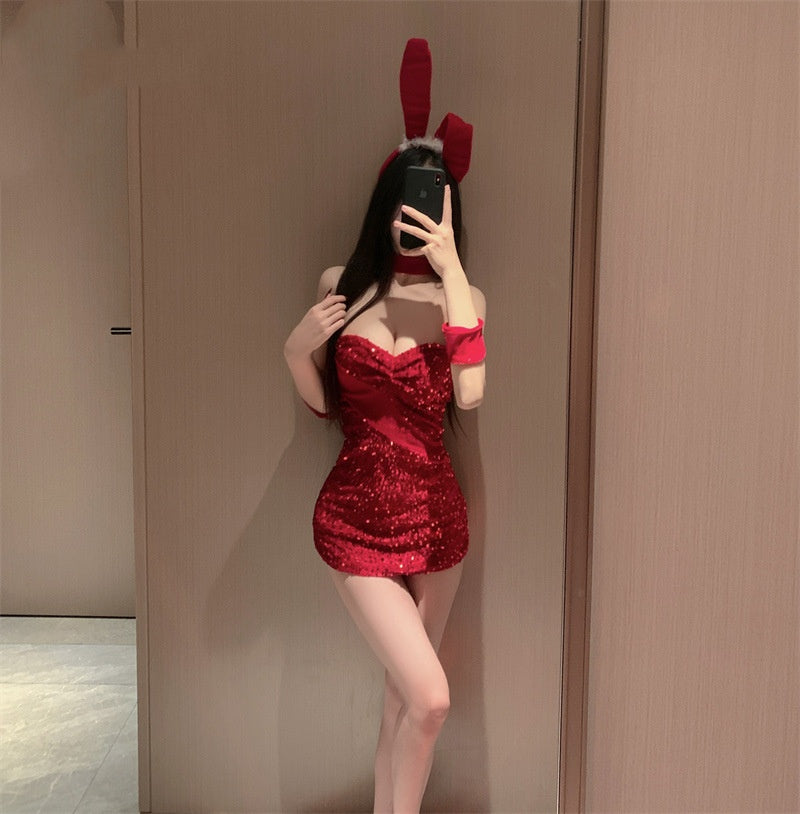 SD-186  Christmas tube top red bow sequined bunny girl cos sexy pure desire dress
