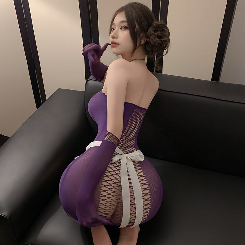 T-1661 Rip-Apart Maid Fishnet Lingerie Set - See-Through, Breast-Baring, Crotchless Design for Temptation, No-Takeoff Convenience