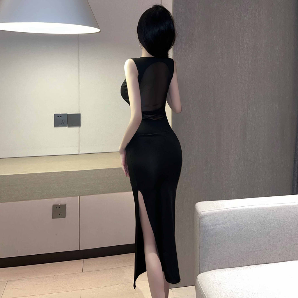 T-1228 Sheer mesh paneled high-slit dress