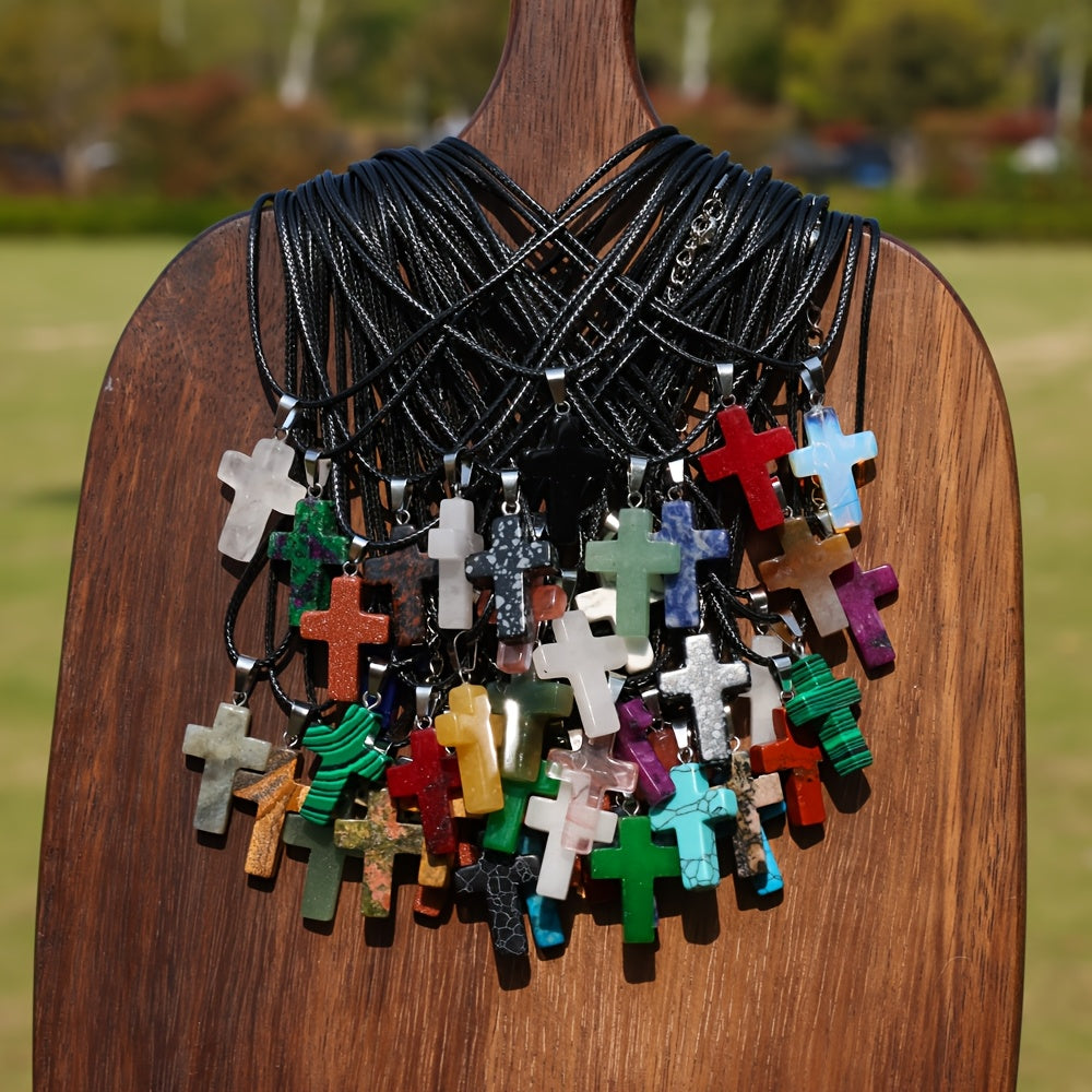 50pcs Natural Stone Cross & Black Necklace Set - 25pcs Colorful Texture Natural Stone Cross Pendant + 25pcs Black Necklace for DIY Jewelry Making, Bracelets, Earrings & Craft, For Teenager
