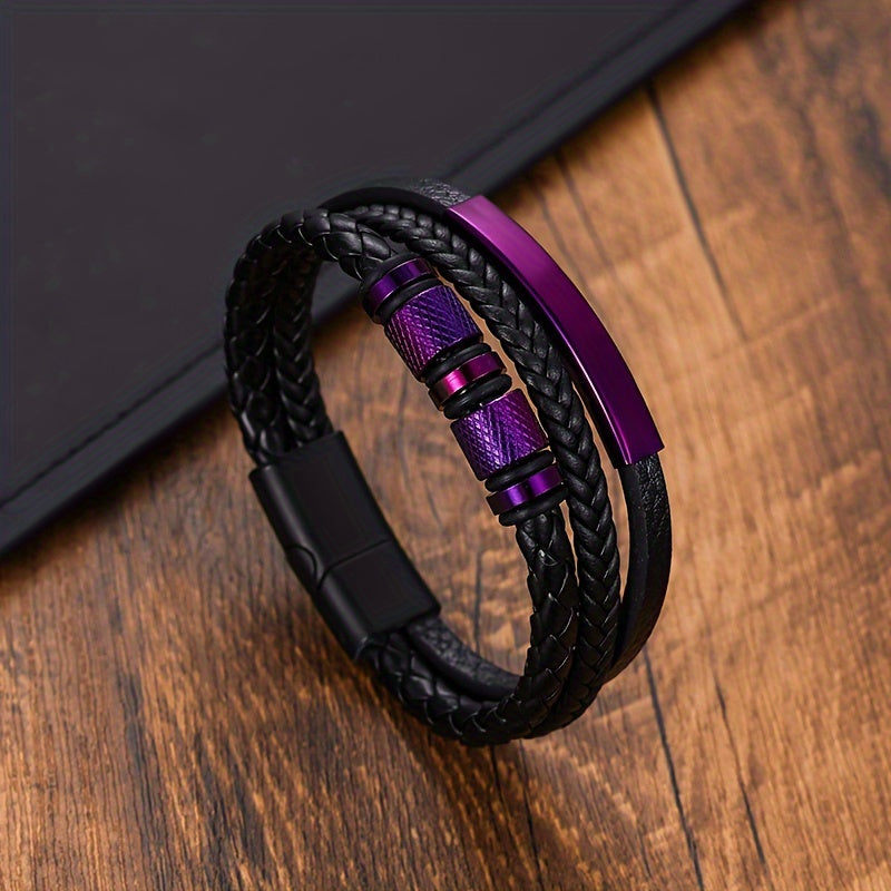 1 Purple Accessory, Leather Bracelet, Men's Woven Bracelet, Unisex Leather Bracelet.  PU Leather Magnetic Buckle Men's Party Strap - Fashionable Accessory, Durable Material, Easy to Wear Design Suitable for Casual Occasions