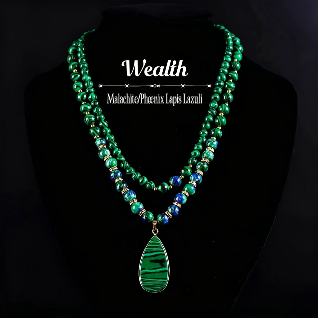 2pcs/Malachite & Phoenix Lapis Lazuli Wealth Necklace Set, Attracts Fortune And Abundance, Handmade Natural Stone Beads, Vintage Boho Adjustable Stackable Jewelry, Great for Daily Wear & Gifting, Unisex.