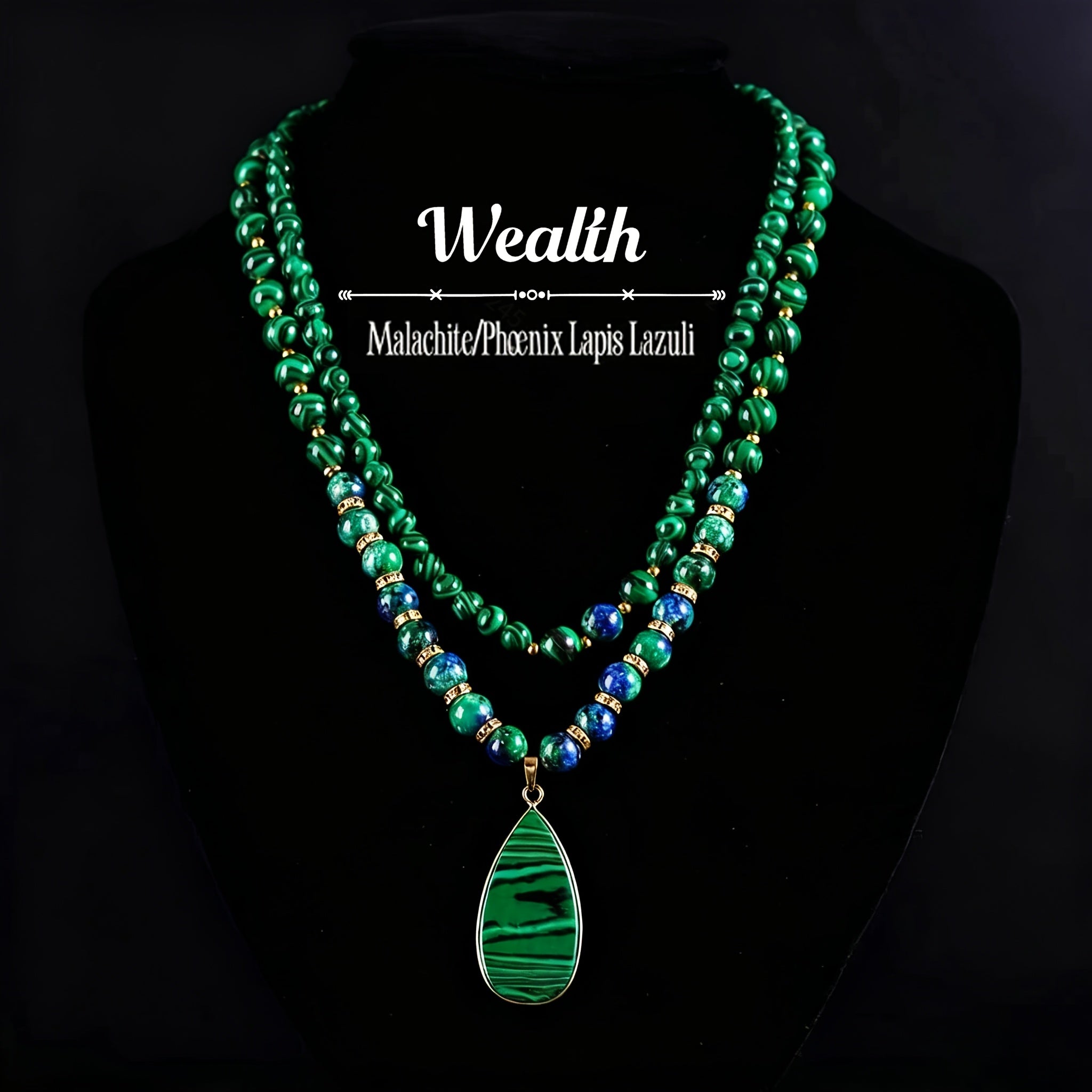 2pcs/Malachite & Phoenix Lapis Lazuli Wealth Necklace Set, Attracts Fortune And Abundance, Handmade Natural Stone Beads, Vintage Boho Adjustable Stackable Jewelry, Great for Daily Wear & Gifting, Unisex.