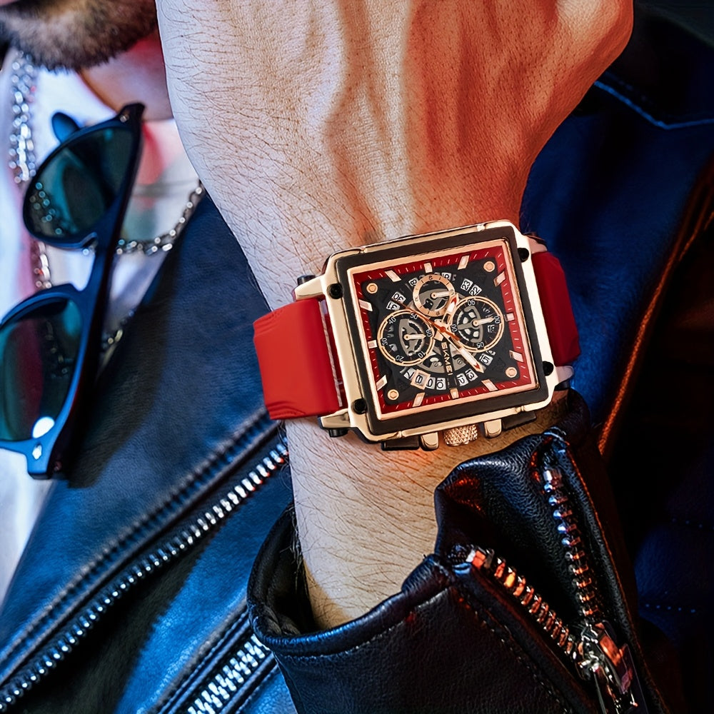 SKMEI Men'S Red Quartz Watch, Chronograph With Date Display And Luminous Hands, 3ATM Water Resistance, Suitable For Casual And Formal Wear