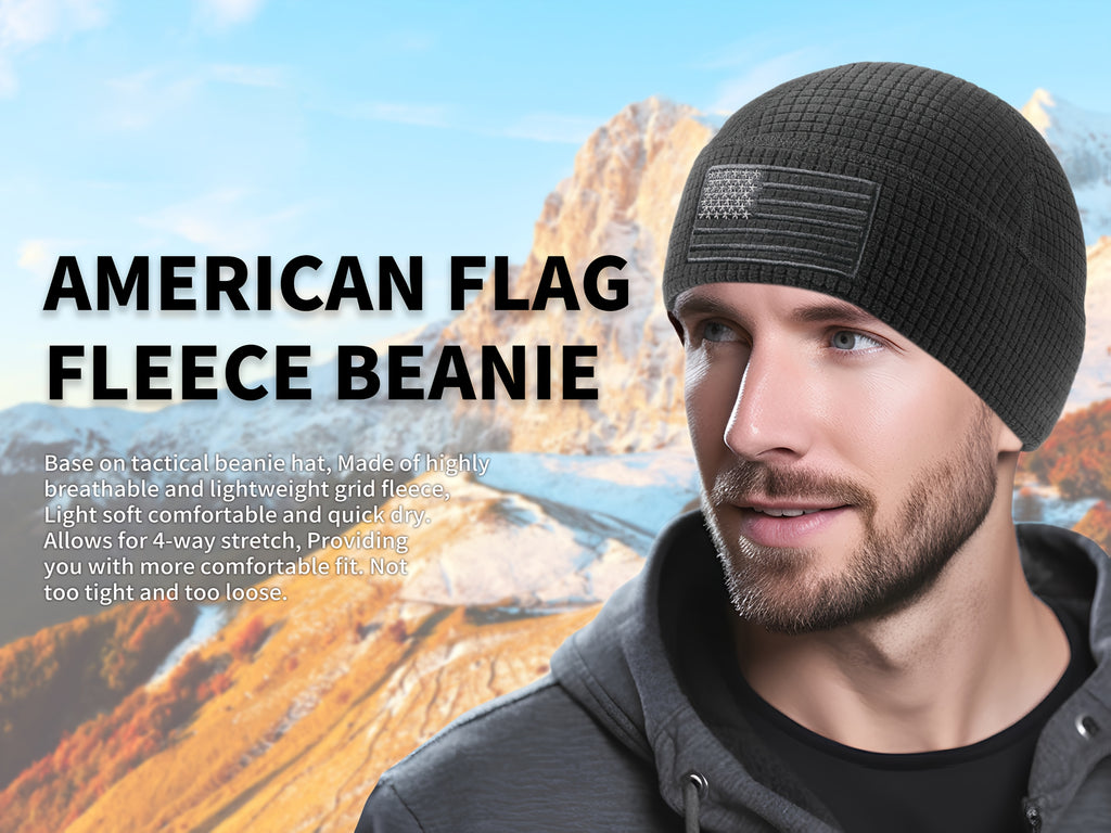 Tactical Military Cap Featuring a Waffle Design And an American Flag Embroidery on a Grid Fleece Beanie