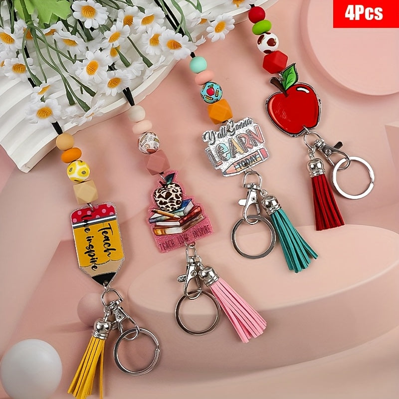4pcs/set Apple Acrylic Neck Hanging Rope Keychain Work ID Badge Neck Hanging Rope Anti Lost Keychain Teacher'S Day Back To Graduation Season Gift