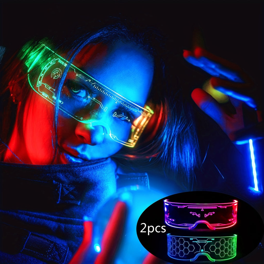 Two Pairs of LED Visor Glasses Featuring Seven Colors, These Futuristic Eyewear Come with Four Lighting Modes. They Are Honeycomb Luminous Glasses Designed for Adults