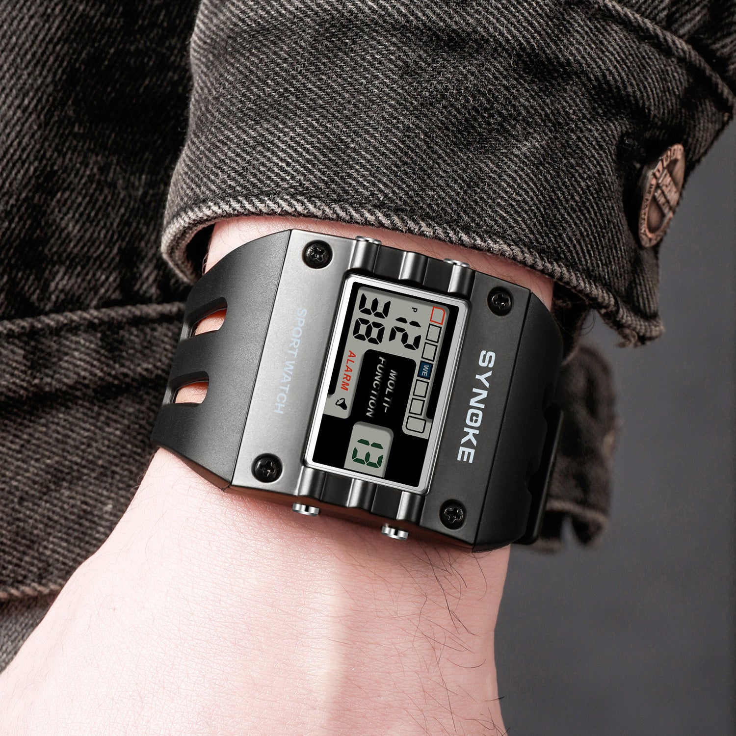 Men Digital Watch Rectangle Large Face Easy To Read Watch Multifunctional Sports Alarm Clock LED Watch