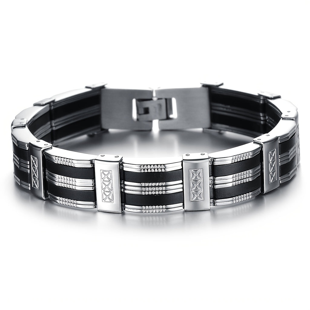 Exquisite Fashion Black and White Striped Men's Stainless Steel Bracelet