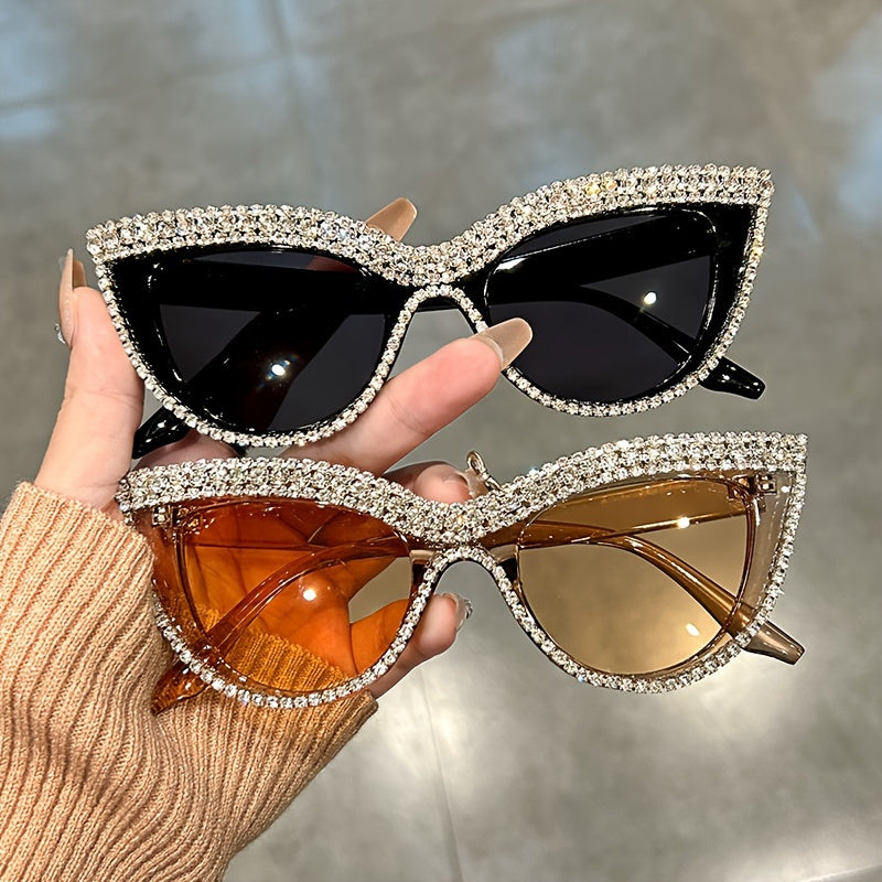 2 Pairs Women's Rhinestone Cat Eye Glasses with Lenses - Sparkling Composite Frame Decorative Eyewear for Prom, Costume Parties & Special Occasions, Includes Case, Durable Fashion Accessories, Prom Accessories, Luxury Eyewear Craftsmanship