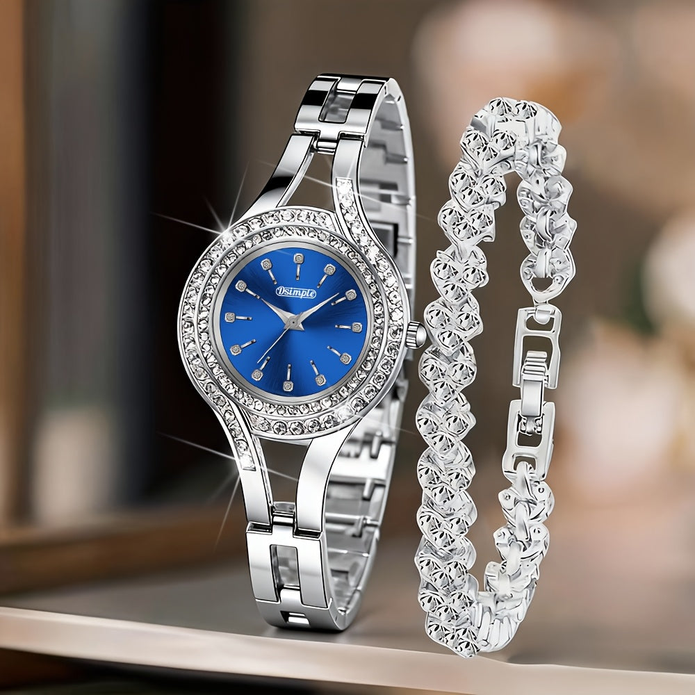 2pcs Women's Elegant Retro Watch Set - Luxury Heart Chain Quartz Watch with Rectangular Dial & Stainless, Court Style Analog Wristwatches for Easter, Wedding, or Casual Attire - Classic Timepiece Gift