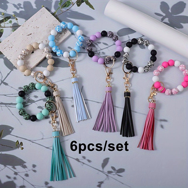 6pcs/set Wooden Beads And Bead Shaped Wristband Keychains with Tassels, Perfect for DIY Jewelry Or Handbag Keychains, Suitable As Gifts for Friends And Mothers
