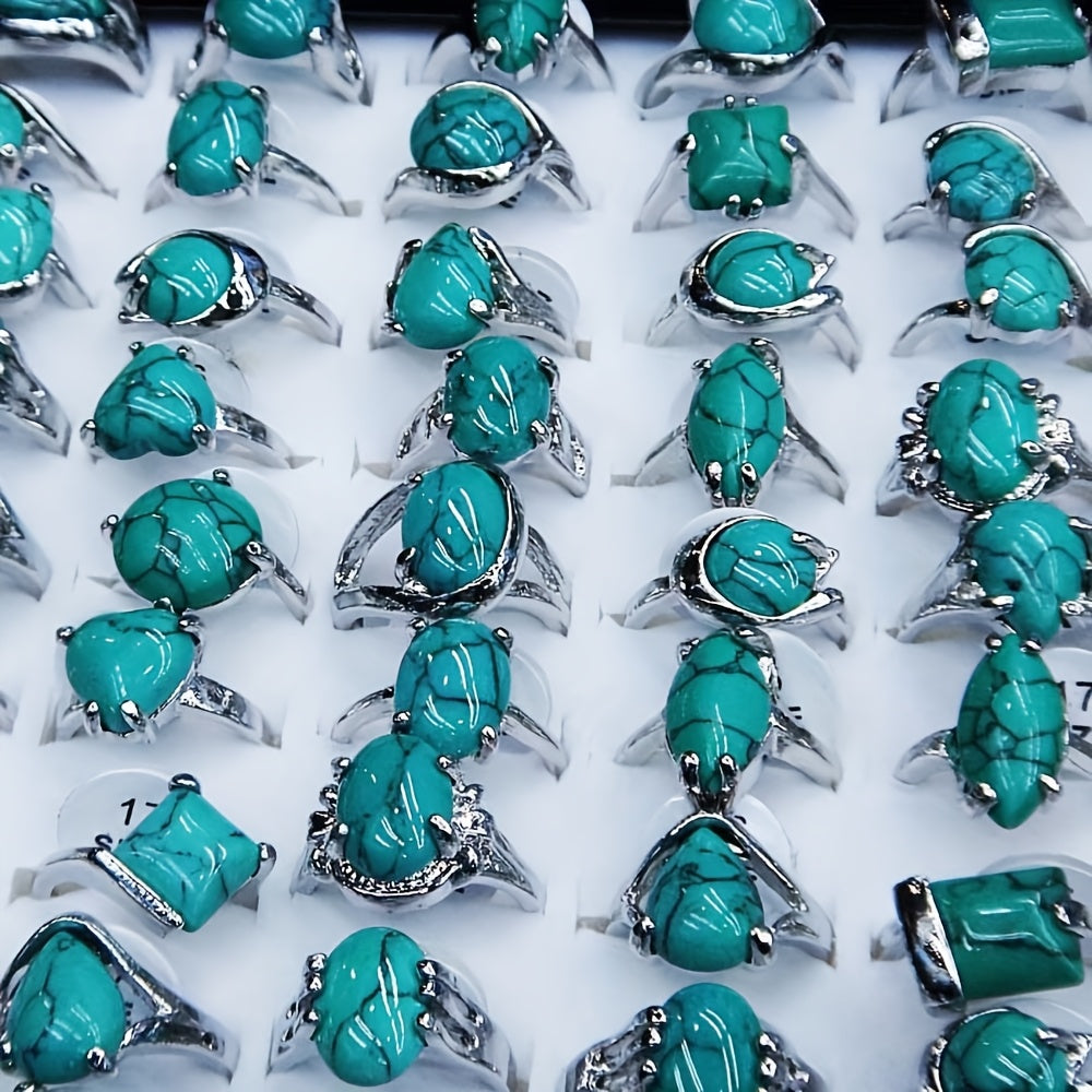 40 Bohemian Turquoise Rings Heart-Shaped Teardrop with Irregular Geometric Design Perfect for Women'S Everyday Wear, Vacation Parties, And Holiday Gifts