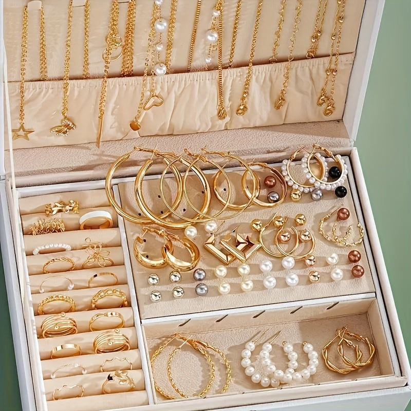 86pcs Easy Faux Pearls Love Butterfly Stars Moon Necklace Bracelet Ring Earrings Jewelry Set Women'S Autumn And Winter Daily Match Attend Party Holiday Dating Holiday Gift (No Box)