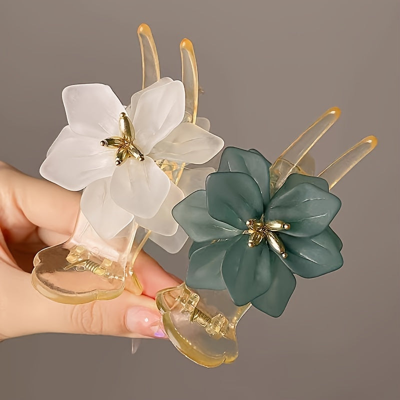 2 elegant 3D floral hair clips - anti slip banana clip, suitable for hair buns and ponytails, green and white floral designs with Golden accents, versatile hair accessories for women and teenagers, perfect for casual clothing and gatherings