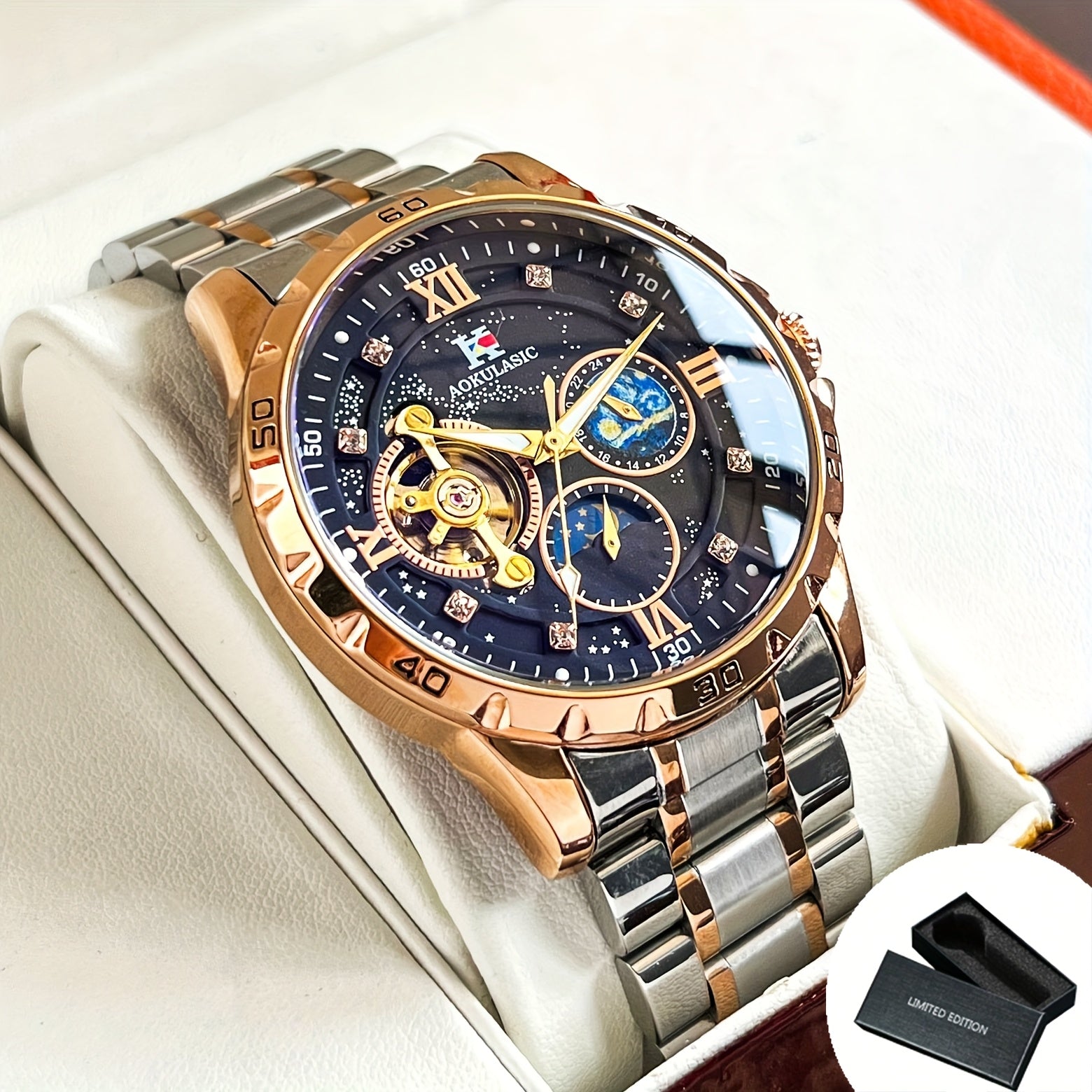Top Brand Men Fashion Tourbillon Skeleton Automatic Mechanical Watch, Rose Golden Case Stainless Steel Strap, Iced Out Starry Sky Luminous Dial, Business Casual Mens Watches, 1pc, Gifts with Box