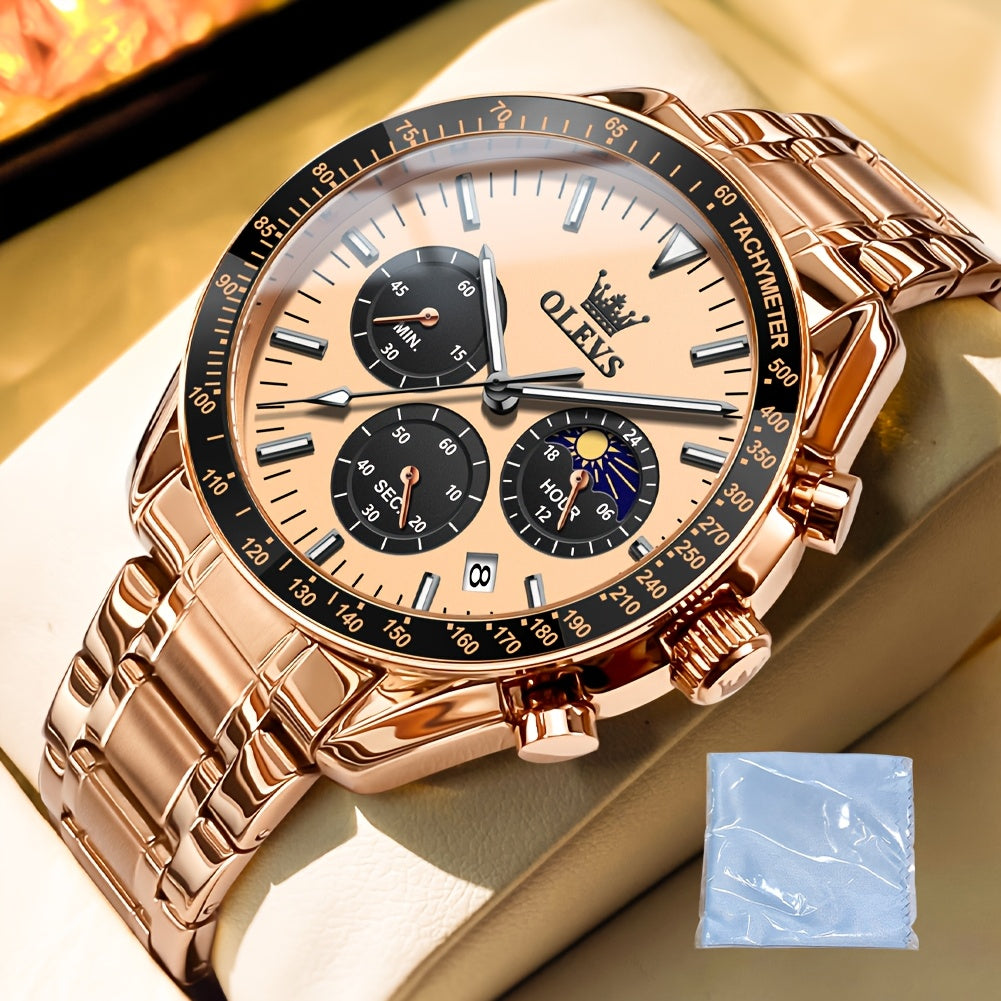 OLEVS Men's Watches Chronograph Multifunction Sport Watches Classic Casual Luxury Dress Moon Phase Analog Quartz Stainless Steel Male Watches Wrist Watches for Man Relojes Para Hombre Black/Blue/Golden Dial