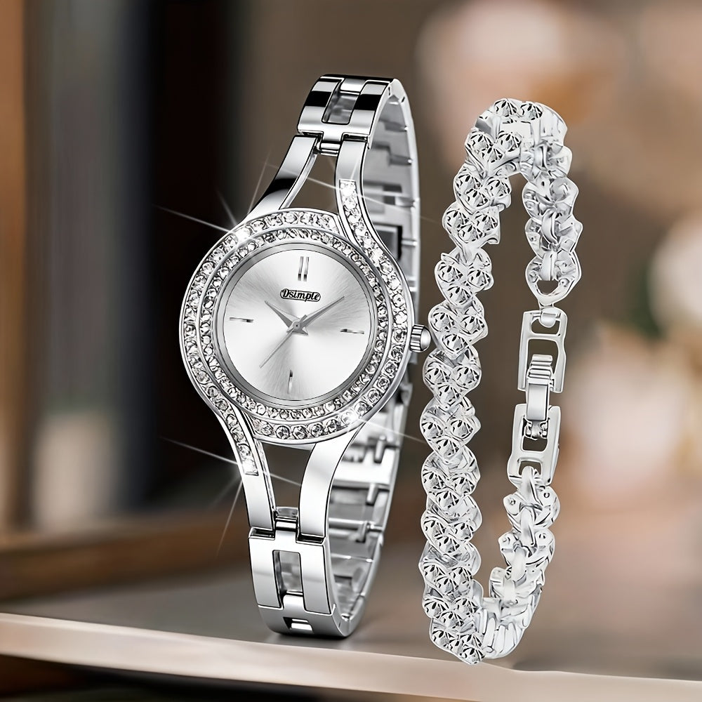 2pcs Women's Elegant Retro Watch Set - Luxury Heart Chain Quartz Watch with Rectangular Dial & Stainless, Court Style Analog Wristwatches for Easter, Wedding, or Casual Attire - Classic Timepiece Gift