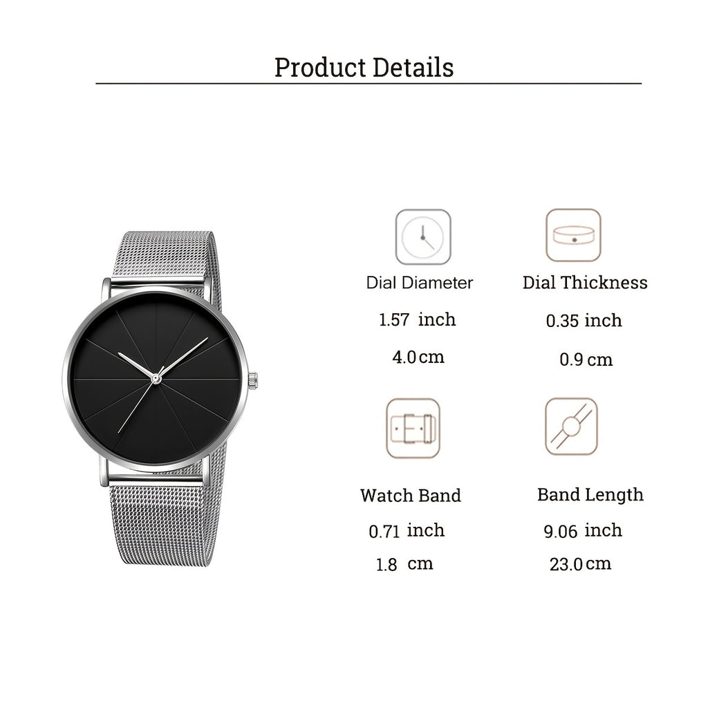 [Elegant Minimalist Watch] Elegant Minimalist Large Dial Watch with Rose Golden Case And Mesh Strap - Japanese Quartz Movement, Analog Display, Zinc Alloy, Screw-Back Closure for Men And Women