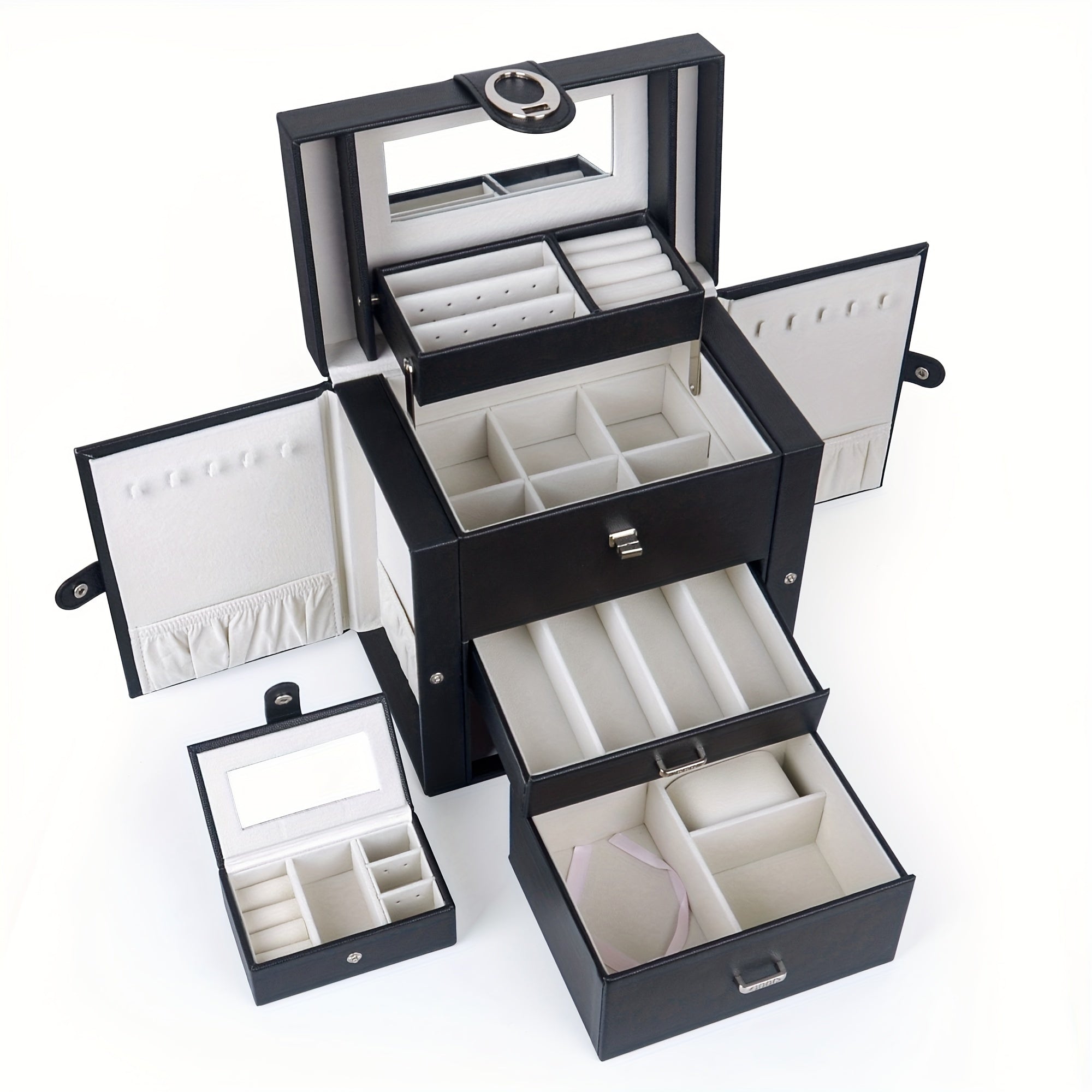 Women's Jewelry Box, Faux Leather Jewelry Storage Box with 2 Drawers and Mirror, Portable Travel Necklace, Ring Storage Box, Black
