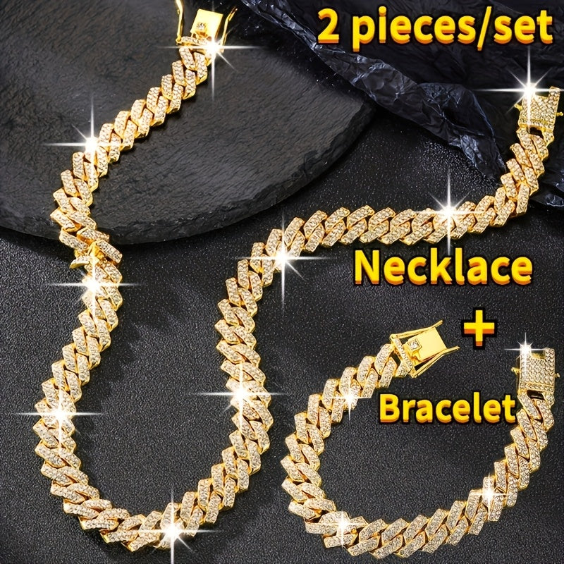 2pcs Shiny Cuban Link Chain Jewelry Set for Men Luxury Fashion Bling Miami Hip Hop Cuban Link Chain Necklace and Bracelet Set Suitable for Birthday Gift Anniversary Gift