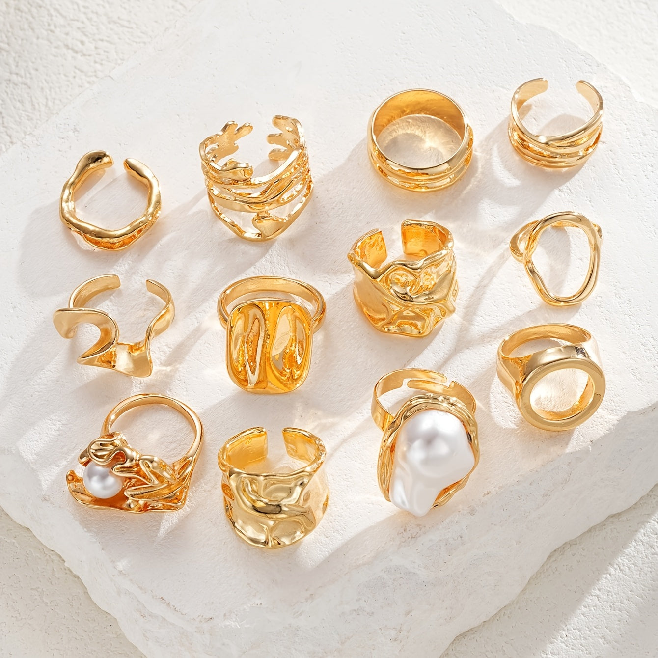 12pcs Set Elegant Vintage Adjustable Rings | Unusual Geometric Lines, Floral Designs, Faux Shell &, Thick & Bulky, Bohemian Style, Unisex, Ideal for Daily Wear, Vacations, Christmas, and Gifts
