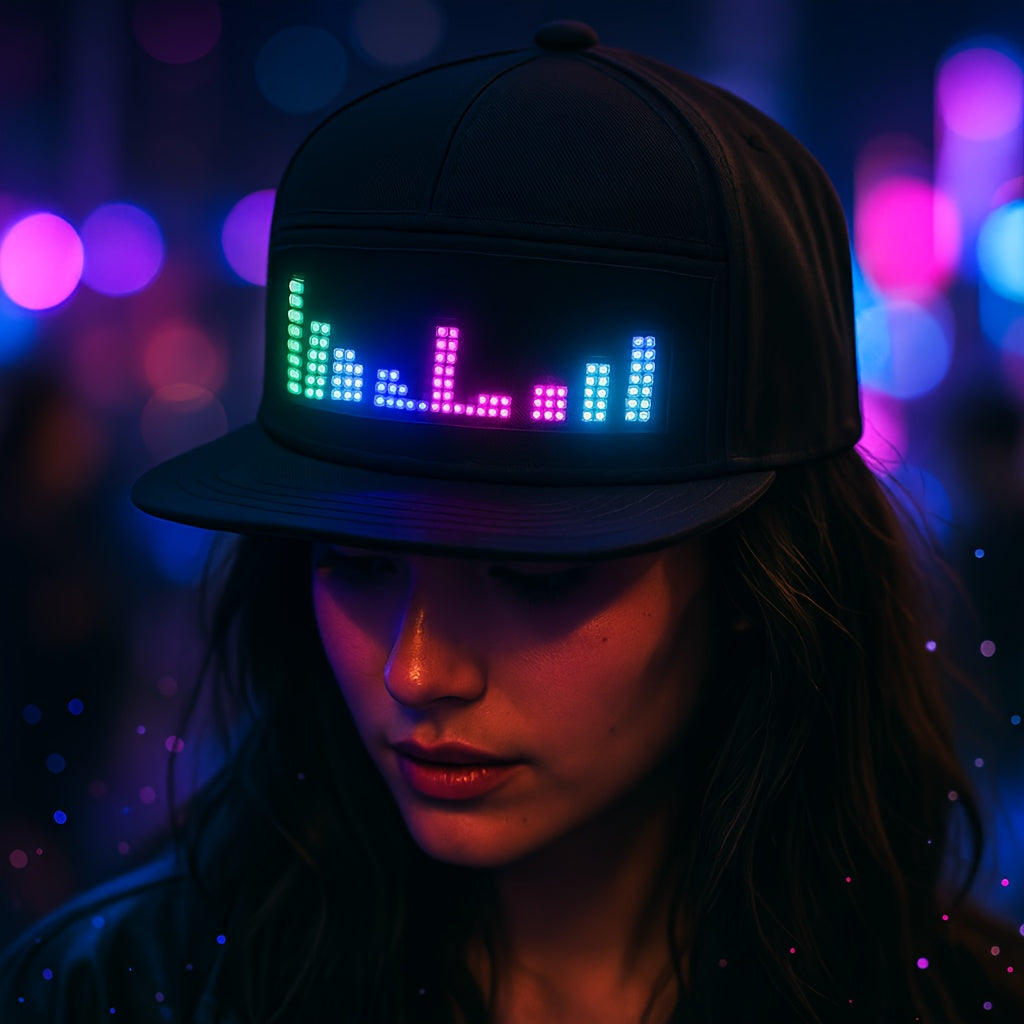 Programmable LED Hat for Men | Black, Scrollable Text & Animated Patterns, APP-Controlled, Adjustable, Woven Fabric, Ideal for Parties & Holidays