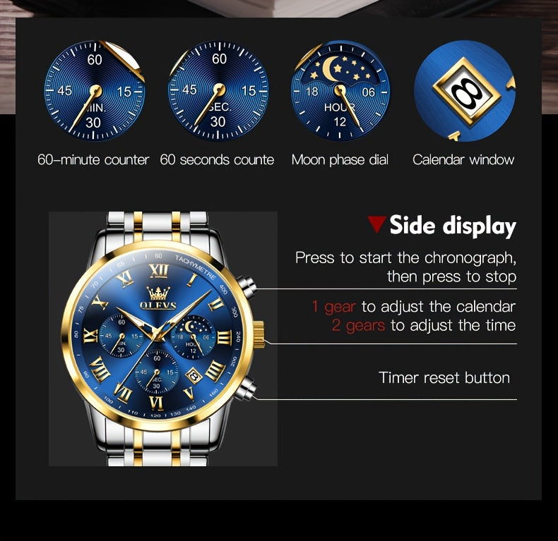 [Luxury Dress Watch] OLEVS Men Watch Stainless Steel Chronograph Roman Numerals Moon Phases Analog Quartz Luxury Dress Watch for Men