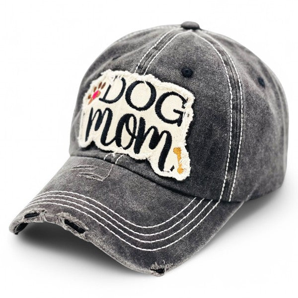 "Dog Mom" Paw and Bone Vintage Distressed Embroidered Baseball Cap For Women - 100% Cotton, Breathable, Casual, Adjustable, UV Protection
