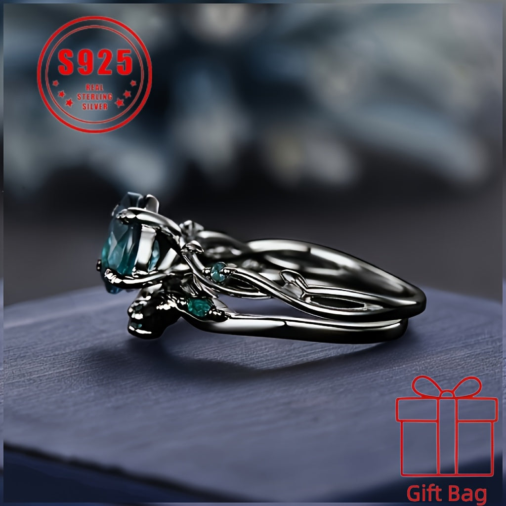 [Christmas Gift] 925 Sterling Silver Elegant Gothic Black Ring With Synthetic Jadeite Grape Pear Design, Birthstone, Christmas Theme, Suitable For Daily And Party Occasions, Seasonal Jewelry Gifts Total Weight Of The Product (With Gift Bag) (1.95G)