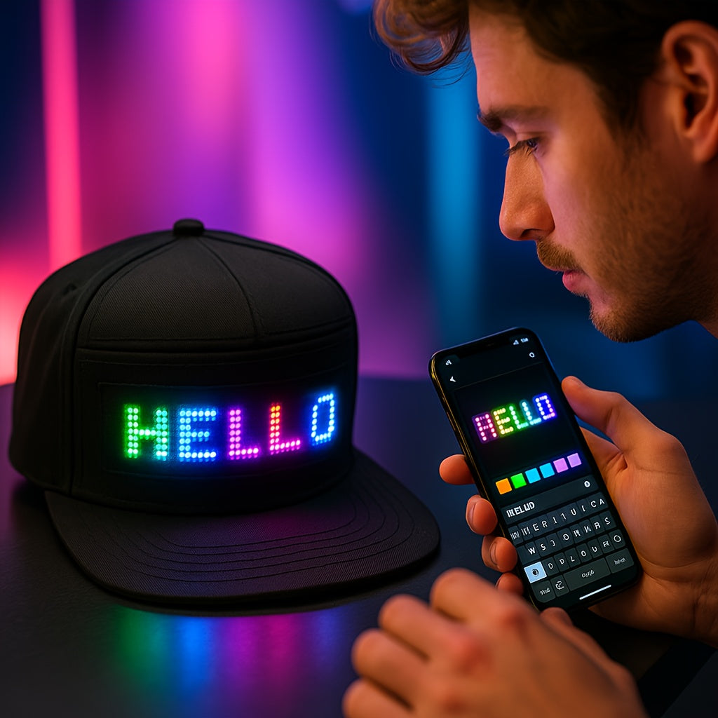Programmable LED Hat for Men | Black, Scrollable Text & Animated Patterns, APP-Controlled, Adjustable, Woven Fabric, Ideal for Parties & Holidays
