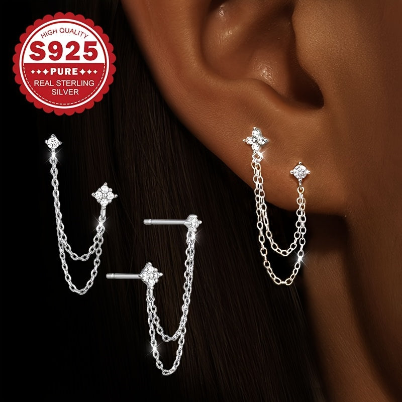 1 Pair of Classic Women'S Earrings, S925 Sterling Silvery Synthetic Zirconia Four-Flower Chain Style Studs, Elegant and Stylish, Hypoallergenic for Versatile Wear