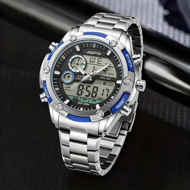 [Sport Wristwatch For Men] JOEFOX Men's Large Display Digital Watch - Stainless Steel Band, LED Backlight, 3ATM Waterproof, Chronograph, Alarm, Modern Sport Wristwatch For Men