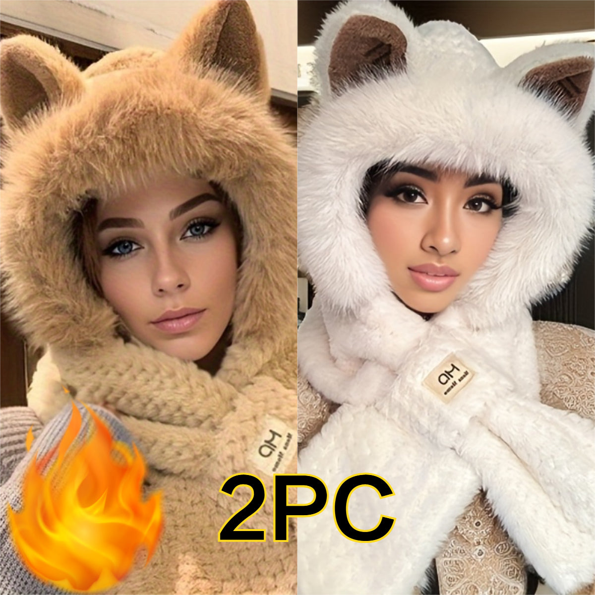 2026 Autumn And Winter New 2pcs Set WhiteAndKhaki Combination Unisex Upgraded Thickened Cute Hooded Scarf Hat Solid Color Winter Plush Cartoon Ear Warm Hat Warm And Windproof Ideal for Multiple Occasions And Holiday Gifts